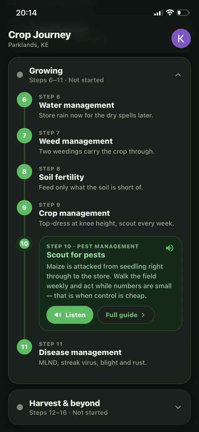 Crop journey growing stage with pest scouting guidance